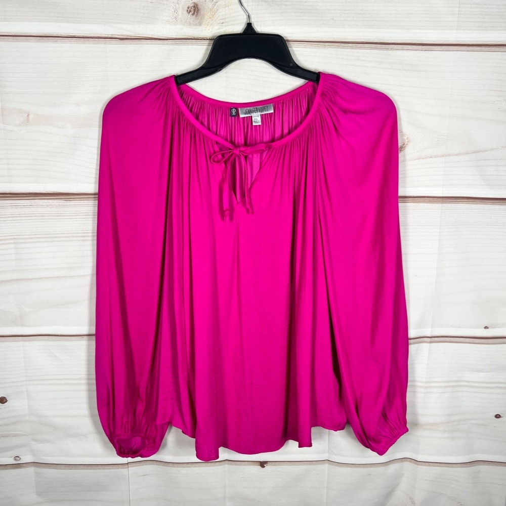 Jennifer Lopez Top Womens PXL Pink Satin Blouse Tie Neck Balloon Sleeve Pullover